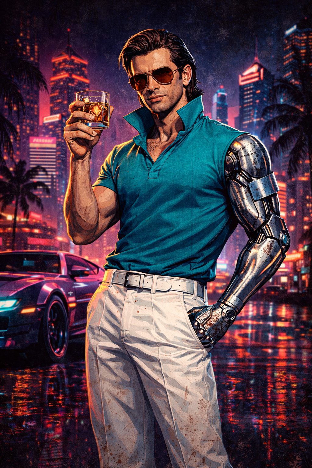 The amn himself, Jimmy Fucking Lightning. He wears a teal shirt and white slacks with a white belt. He has brown aviators on and brown medium length hair we wears back.